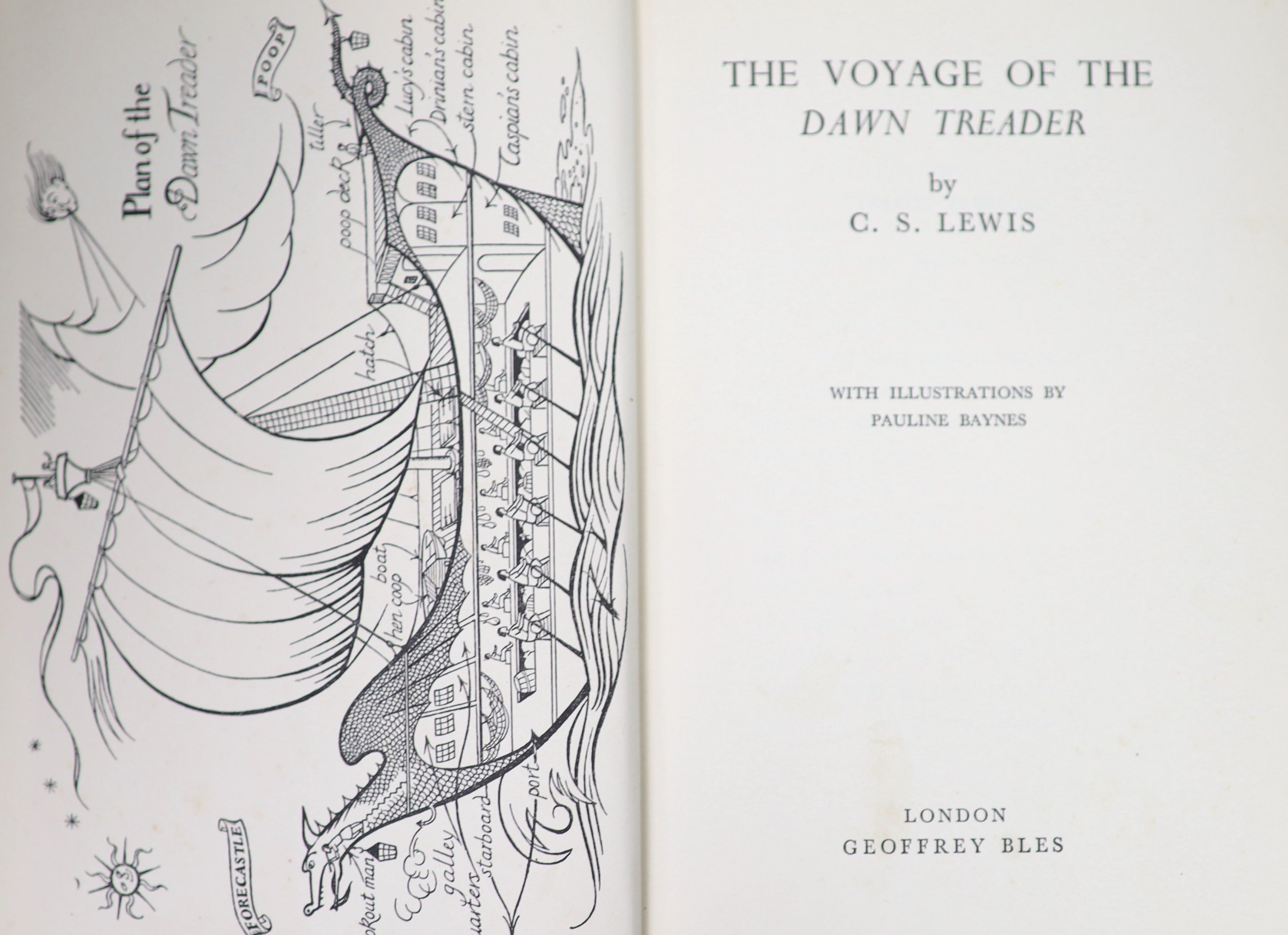 Lewis, Clive Staples - The Voyage of the Dawn Treader, 1st edition, 8vo, illustrated by Pauline Baynes, original cloth, in unclipped d/j, rear end papers spotted, Geoffrey Bles, London, 1952